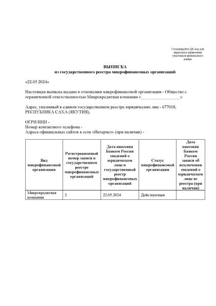 Внесение в реестр микрофинансовых организаций (Реестр МФО)